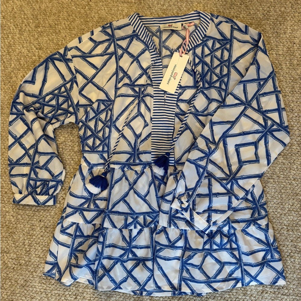 VinyardVines bamboo lattice tiered top, color marlin, size XS, NWT